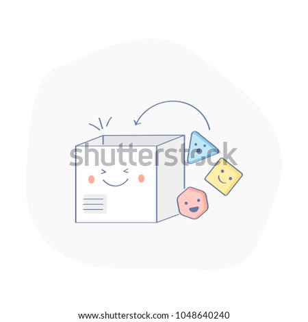 Portfolio, gallery, save interesting useful materials, bookmarks, creatives, share with creativity concept. Put funny cubes, drop in smiley cartoon box, folder. Flat outline vector illustration.