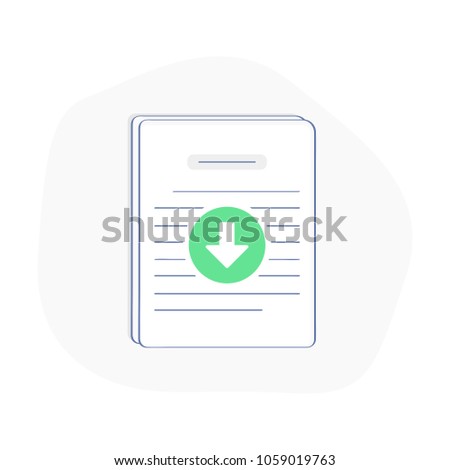Download document. White paper icon, ICO main investment document, company strategy, brief, approved development product plan. Flat outline modern vector illustration with downloading green arrow.