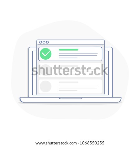 Checklist on laptop display, checkboxes with check mark. List of purchases, tasks, to do, CRM, wish list on the website concept. Flat outline vector design, premium quality trendy icon.