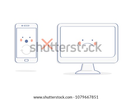 Synchronization error, problem. Cute mobile phone with upset computer display face. Update information, sync, load, upload. Flat outline vector illustration.