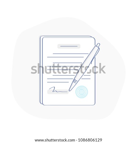 Contract, Document signing. Paper documents pile with signature and pen, contract signing doc, legal agreement, license with approved stamp, partnership form. Flat outline vector illustration