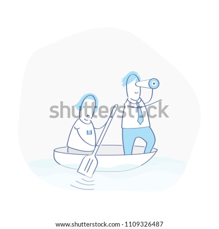 Business people floating to the shore, leader stands and looks into the distance, helps the team find the right way and reach the goal, business concept of leadership and teamwork. Flat cute vector