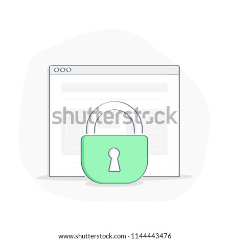 Web page under block, website with lock, secure concept, safety, web  internet site, browser or traffic protection, limited access, ssl connection. Flat line icon concept on white