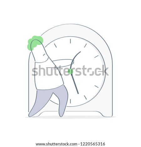 Business deadline, time end, cartoon businessman pulling minute hand, trying to stop time, time back. Flat outline Isolated vector illustration on white.