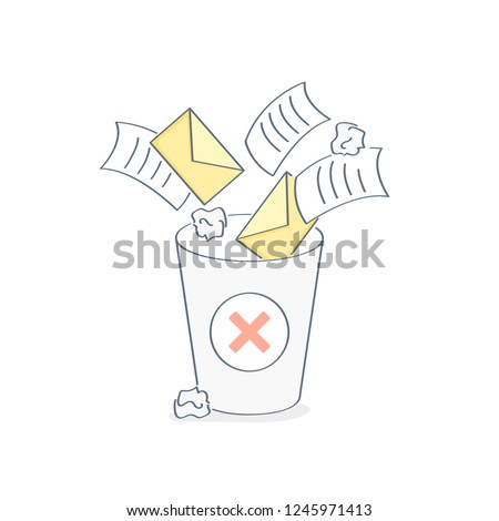 Garbage collection and removal of unnecessary files, clearing of spam, letters, papers and documents to the trash bin. Colorful vector illustration in flat outline cartoon style.