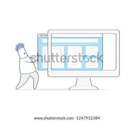 New website template launch, ux ui design updates, changing website design. Outline cartoon man uploading new website theme to computer monitor display. Flat outline vector illustration.