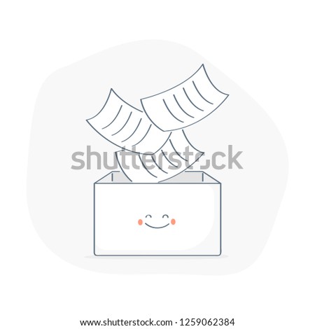 Document storage, save, backup, import or copy files to the cardboard box, make a save to container. Cute outline vector illustration.