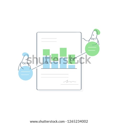 Analytical marketing report, accounting symbol, paper audit document with diagrams, charts and office staff in footnotes. Flat outline business vector icon illustration.