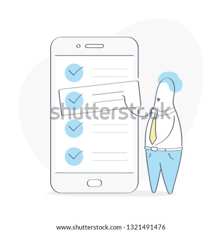 Task management, task prioritization. Project Manager standing near check list on smartphone and planning iterations. Scrum task board full of tasks on sticky note cards. Flat outline vector concept