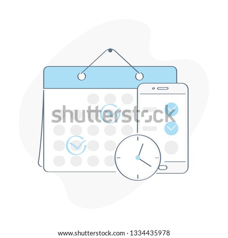 Online Schedule. Business graphics tasks, planning and scheduling operations agenda on a week in the calendar and smartphone, task schedule, to do list. Outline vector on white background.  