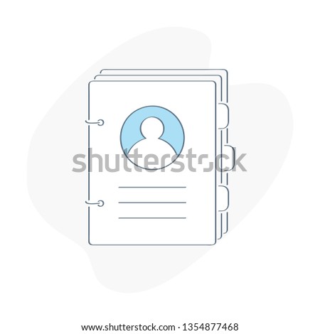 Phone book, telephone directory, handbook, catalog of names, contacts, address directory, targeting auditory, profiles, user guide, rule of use. Flat outline vector illustration on white background.