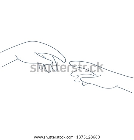 God and Adams hands, touching fingers. Genesis, touch of god. Collaboration Thinking, Creation.Michelangelo's fresco Sistine Chapel ceiling concept. Flat line vector illustration on white background. 