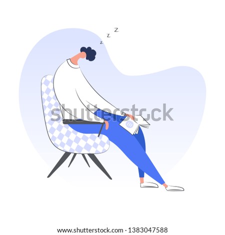 Tired cartoon man sleeping on his armchair with a book in his hand. A person is resting or thinking about something good. Exhausted, relaxing, rest, break, reading concept. Flat isolated modern vector