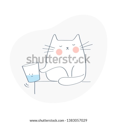 Oops icon, the cat accidentally drops glass of water from the table. 404 error, not found page icon concept on white. Accidental unintended event. Flat outline vector illustration.