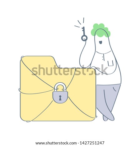 Data secure and protection. Software access data as confidential. Folder with lock and cartoon character with access key. Criminal succeeds hacking theft. Flat outline clean modern vector illustration