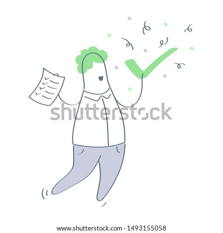 Achievement, completed task, resolved issue concept. Happy cartoon character holds a tick and to-do list in his hands. Flat thin line vector illustration on white background.