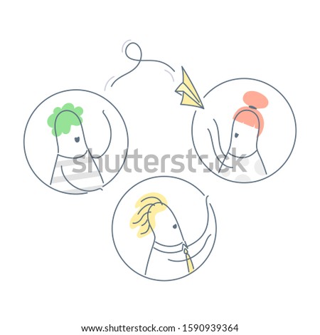 Communication of people by the Internet, social connections, social network and sending messages, messaging between people. Flat line vector illustration on white.