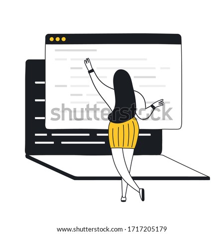 Website programming and coding concept. Cartoon woman in front of laptop display editing lines of code. Web development, software testing and bug fixing. Flat line vector illustration on white