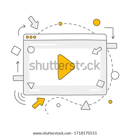 Video content creation, computer animation concept. Browser window with play button. Multimedia production, motion graphic design, visual effects. Flat outline vector icon illustration on white.