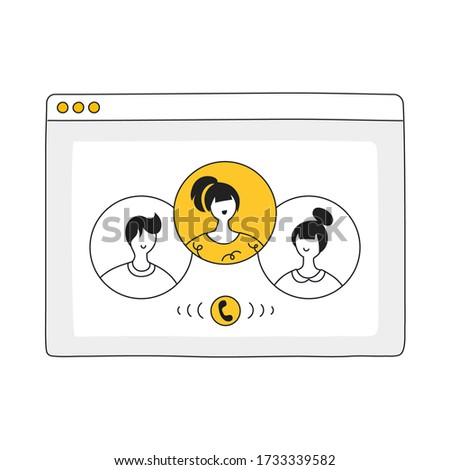 Videoconference with colleagues. Corporate video call, meeting, distant discussion, talking online, teamwork during quarantine concept. Flat hand drawn line vector illustration in flat cartoon style