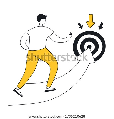 The movement towards the goal. The guy rushing along the arrow pointing to the sign of the target, business concept of goal and success. Flat clean outline vector illustration on white 