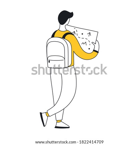 Cute cartoon man with a map and backpack. Travel, research, discovery, navigation and seeking a way out concept. Flat line vector icon illustration.