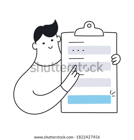 Registration form. Cute cartoon man with a registration sign up form, filling all fields for signing in, CTA concept, clipboard with fields to fill. Flat line vector icon on white background