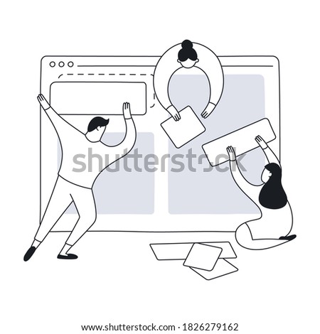 Web design, prototyping, creation of the website interface. Team of designers and developers construct an interface from blocks. Flat clean line vector illustration on white
