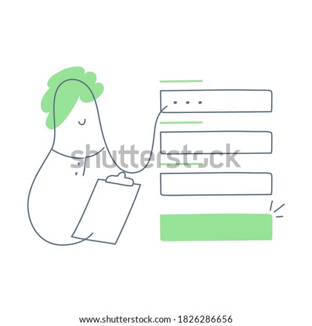 Registration form. Cute cartoon man with a registration sign up form, filling all fields for signing in. CTA concept, clipboard with fields to fill. Flat line vector icon on white background