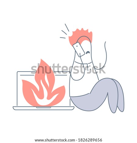 Burning laptop, technical problem, deadline. Broken computer with fire and a scared guy calls help, support, or firefighters. Flat line isolated cute icon illustration on white