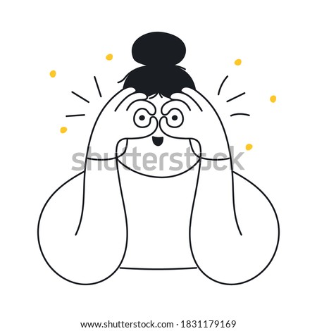 The girl holds her hands in front of her eyes in the form of binoculars. Search, vision, exploration, looking for something, and discovery concept. Flat line elegance vector illustration