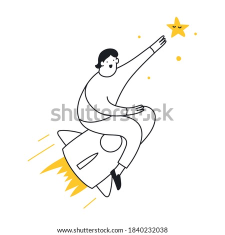 Businessman on a rocket trying to touch the stars. Achieve the goal, ambition task, trend, successful boost and leadership. Outline isolated vector illustration on white