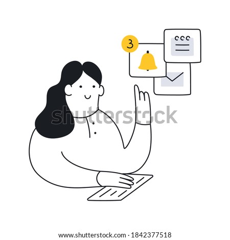 Multitasking woman at the workplace. Checking mail, notifications, reminders, schedule, working at the computer. Clean modern elegant vector illustration on white