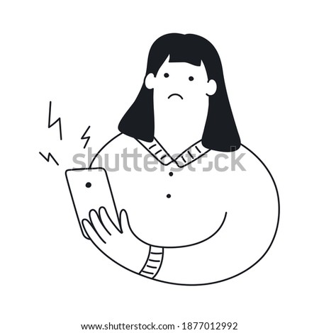 Cute cartoon woman holding the mobile phone - she received a new ticket or message. Flat line isolated vector illustration.