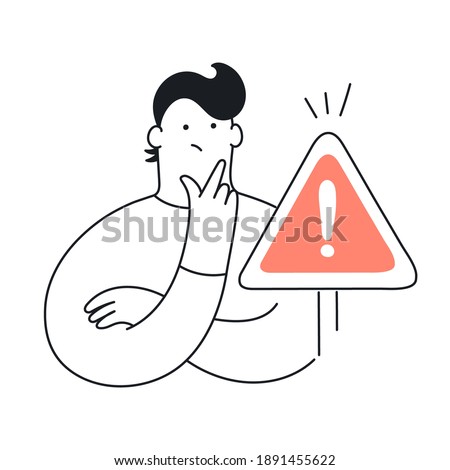 Exclamation point, error, warning, limitation, and cute man. A pensive man stands at the exclamation mark. Error, warning, limitation. Flat line elegant vector illustration on white