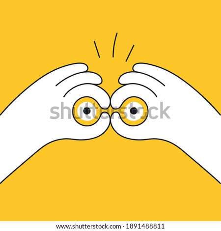 Hand gesture symbolizing binoculars, magnification, looking into the distance, point of view. Vision, prediction, look forward. Flat line vector illustration on yellow.