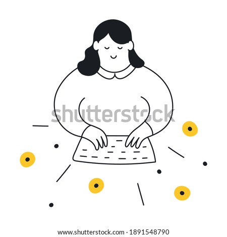 Cute cartoon beautiful Lady and inspiration, creation process. Cute cartoon girl typing on her keyboard, flowers fly off the keys. Flat thin line vector illustration on white. 商業照片 © 