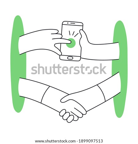 Dealing online, remote conclusion of a transaction, mobile phone deal. Remote assistance, mobile support concept, shaking hands from different ends. Flat line vector illustration on white.