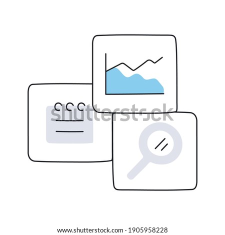 Analysis, marketing icon set with a chart bar, calendar, and loupe. Research, analysis, planning signs. Widget from three thin line vector icons on white.