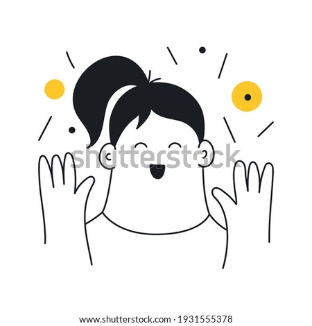 Happiness, delight, happy girl face. Cheerful cartoon lady in a great mood. Thin line vector illustration on white background.