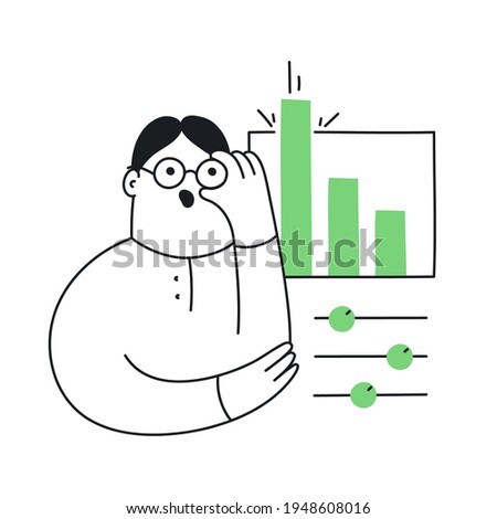 The analyst adjusts the glasses on his face. Working with data, setting, data analytics, and mathematical research. Flat thin line vector illustration on white.