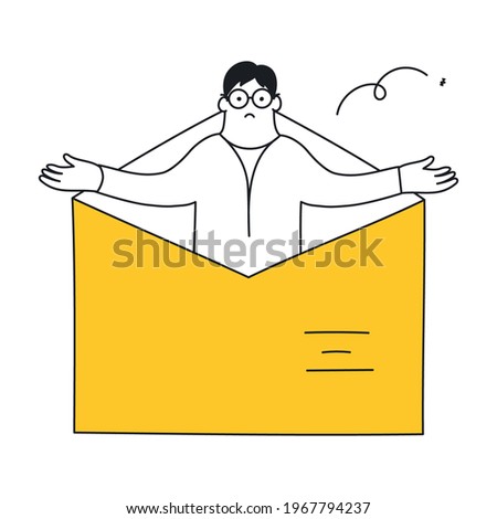 Empty mailbox or email envelope. Cute cartoon man shrugs - nothing is found here. Thin line elegant vector illustration on white.