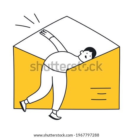 Checking the letter, see what's inside the envelope. Checking the mailbox, content, searching for information in the mail. Thin outline yellow vector illustration on white.