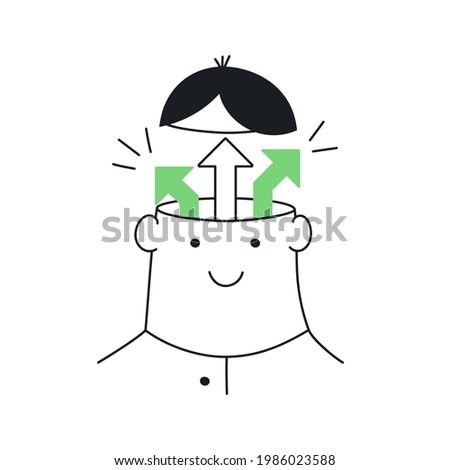 Efficiency, decision making, versatility, personal growth, arrows move up from the head. Cute cartoon man with an opened head. Thin line vector illustration on white.