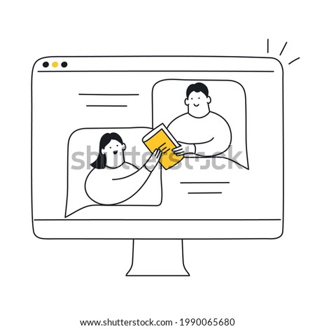 Online education, educational web seminar, and sharing book via chatting on the computer screen. Distant learning, guidance, sharing experience. Thin line yellow vector illustration on white.