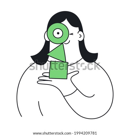 Harmony and balance, balanced decisions. Cute cartoon woman holding different geometric shapes on her hand that balanced and stand one on one. Thin line vector illustration on white.