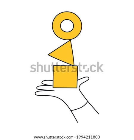 Harmony and balance, balanced decisions, efficient management, calmness. Hand holding different geometric shapes that balanced and stand one on one. Thin line vector illustration on white.