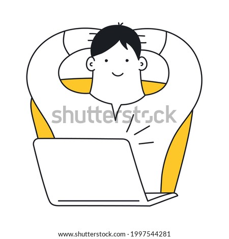 Job Done, a satisfied man leaned back in his chair in front of the computer. Success, good job, performed task. Thin outline elegant vector illustration on white background.