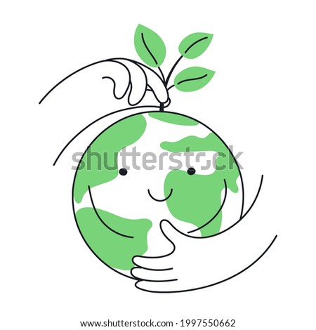 Growing plants, caring about the planet, care for ecology and the environment. A caring hand plants a tree on a green planet. Thun line vector illustration on white.