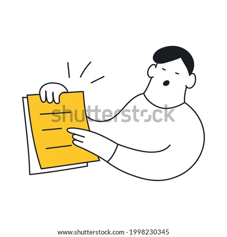 To-do, schedule, planned work, OKR, presentation of needed results. Cute cartoon man holding the pile of papers or calendar and pointing at the page. Thin line elegance vector illustration on white.